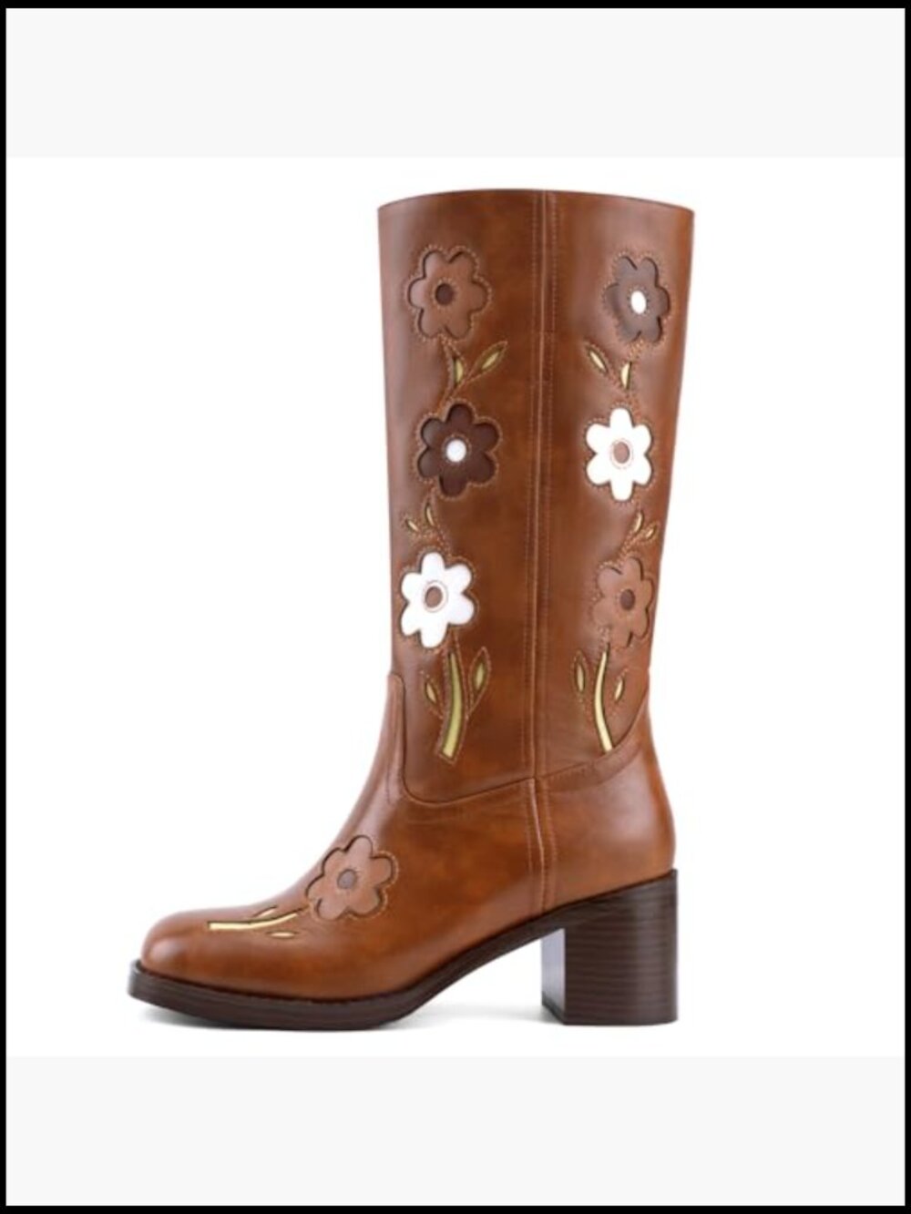 Square Toe Chunky Block Heel Knee High Boots Boho Floral Vintage Tall Boots - Picture 4 of 7
